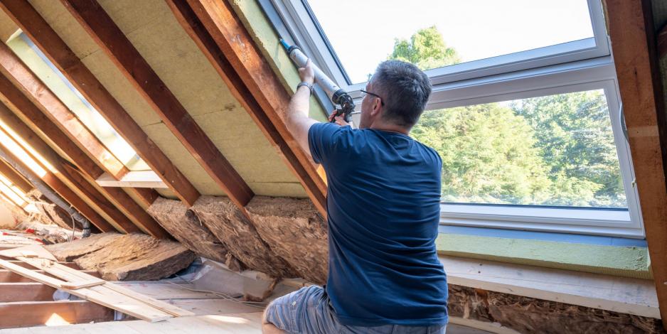 man caulking a window in an attic