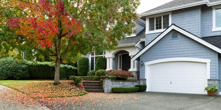 suburban home with fallen red and orange leaves on lawn from tree